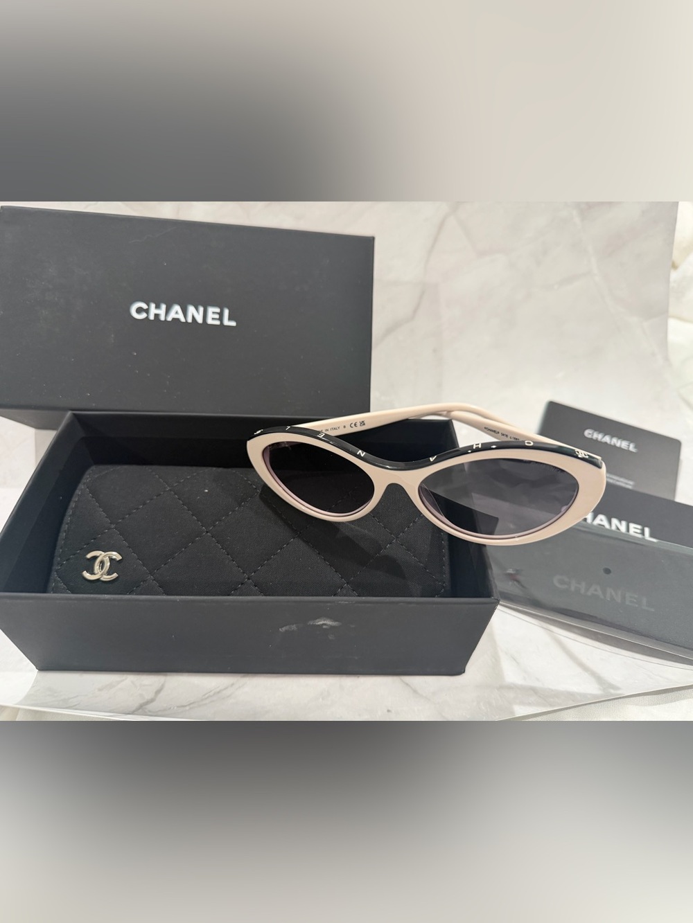 Beige/Pink Tone and Black Cat-Eye Sunglasses with Dark Lenses